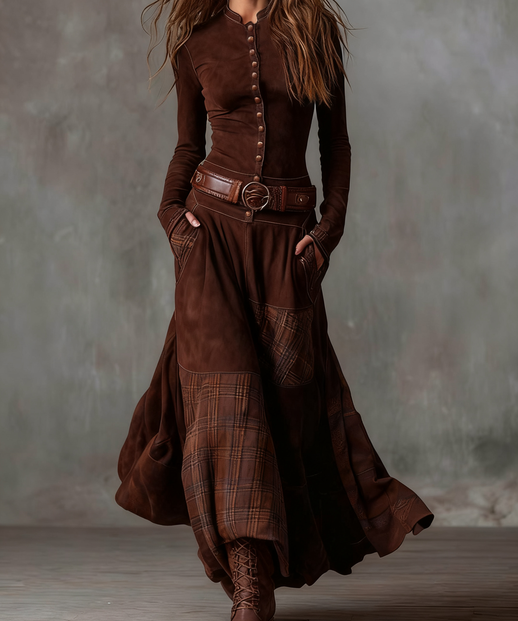 Agnes - Maxikjole i ruskind med bælte